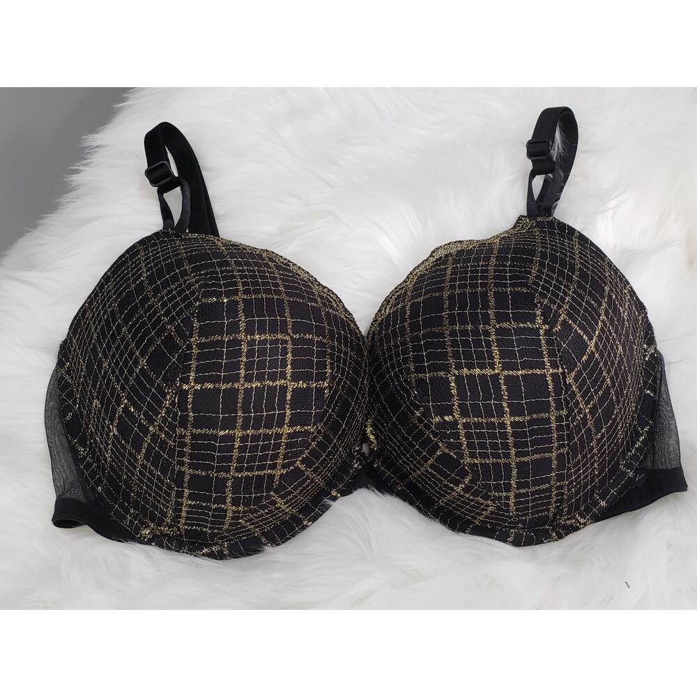 NEW 40D NOIR DK Black Plaid GOLD Victorias Secret Plunge PU UW Bra GOTHIC